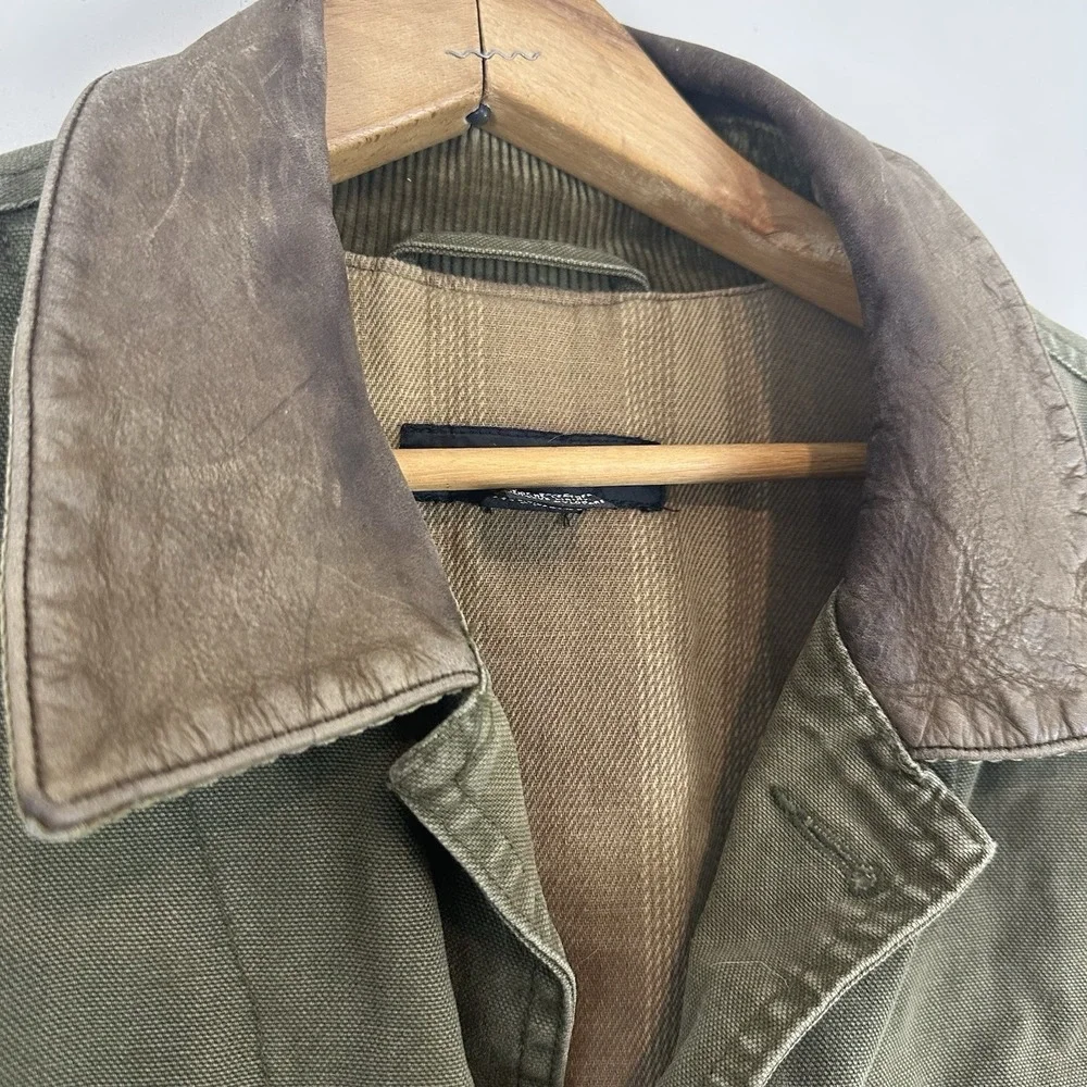 Banana Republic‎ VTG Army Green Leather Collar Distressed Jacket Mens M Read